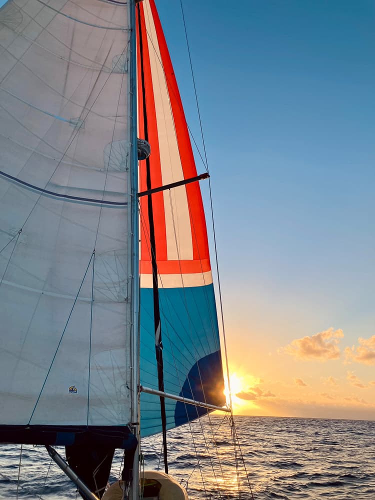 Rocinante unter Großsegel und Spinaker auf dem Weg in den Sonnenuntergang